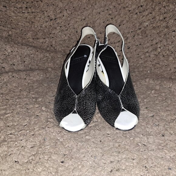 WHAT FOR-Paris-Crackled Black Leather-Distressed Cracked Heel-Slingback-Sz 37-EX - Picture 3 of 8